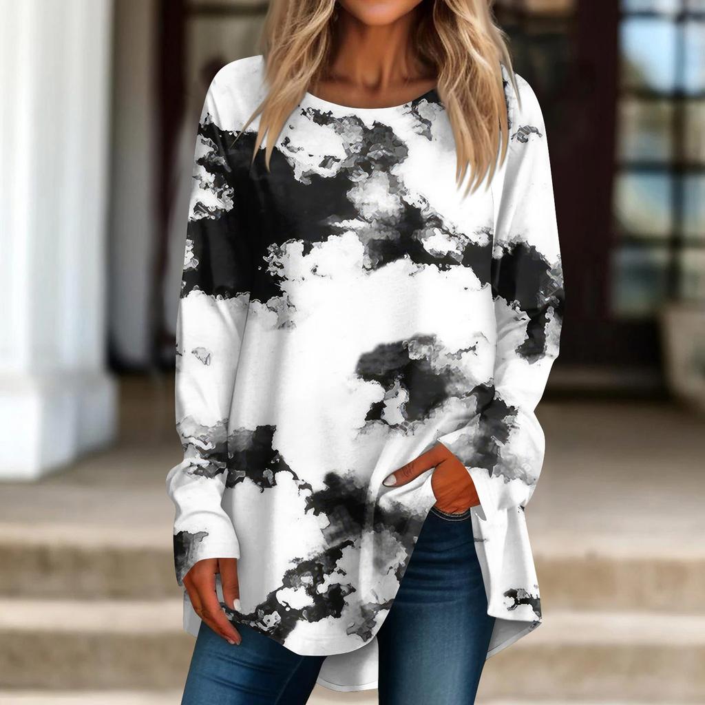 Kvinners uformelle plussstørrelse Langermet rundhals trykt T-skjorte topp genser