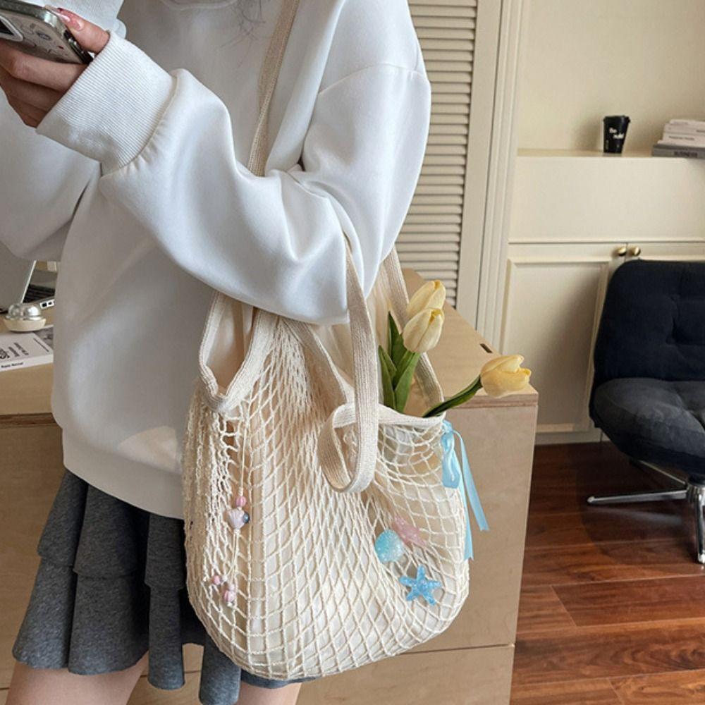 Portable Hollow Woven Shoulder Bag Korean Style Woven Grocery Bag Vacation Beach Bag  Swimming