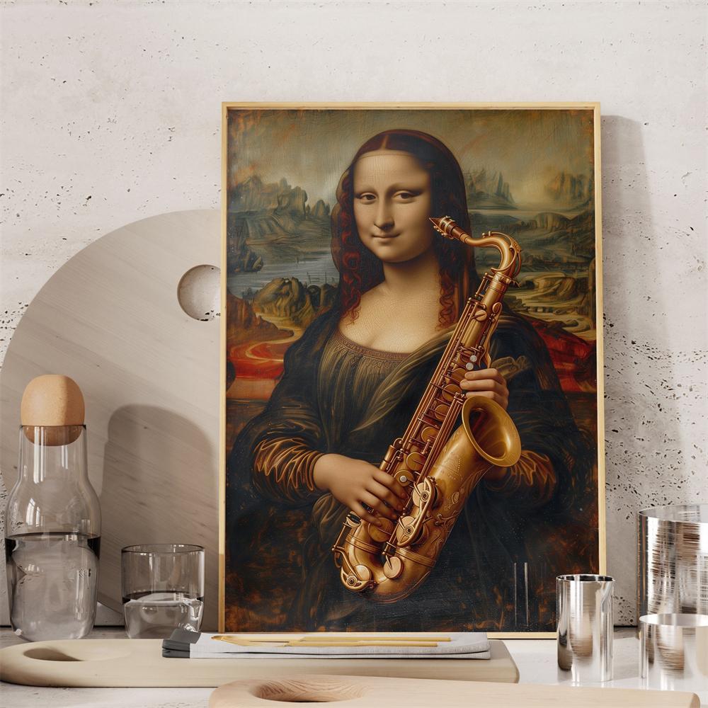 Modern Mona Lisa Art Print Poster Music Lover Wall Art Canvas Painting Headphones Sunglasses Funny Classic Art Poster