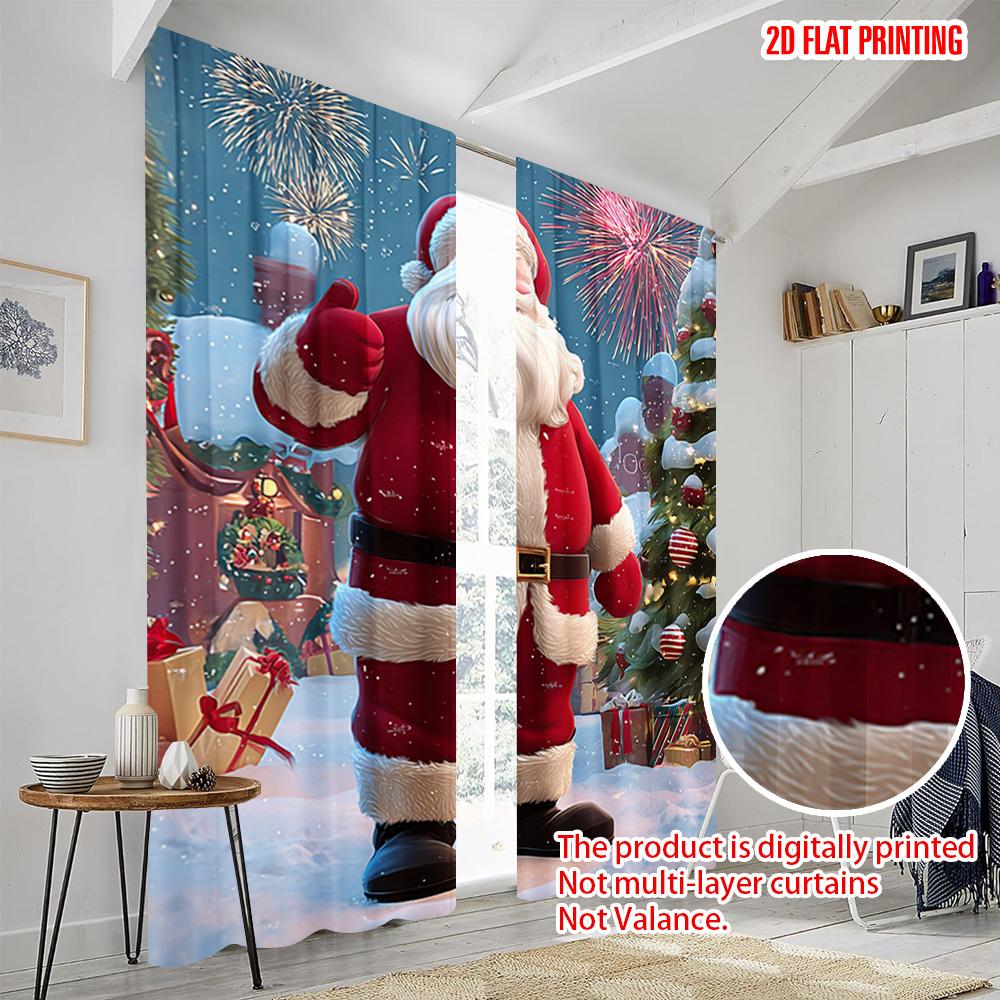 2pcs,2D Plane Printing Curtains Digital Printed Santa Claus & Snowy Village Polyester Fabric (without Rod) Decorations Outdoor