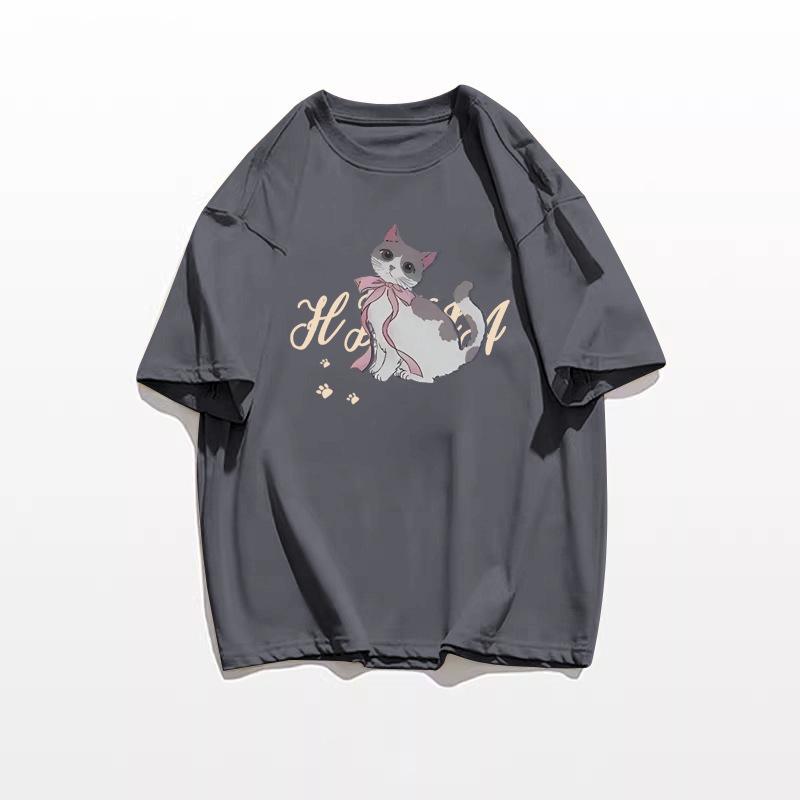 2025 Retro Cartoon Cat Cotton T-Shirt for Women - Summer Loose Fit