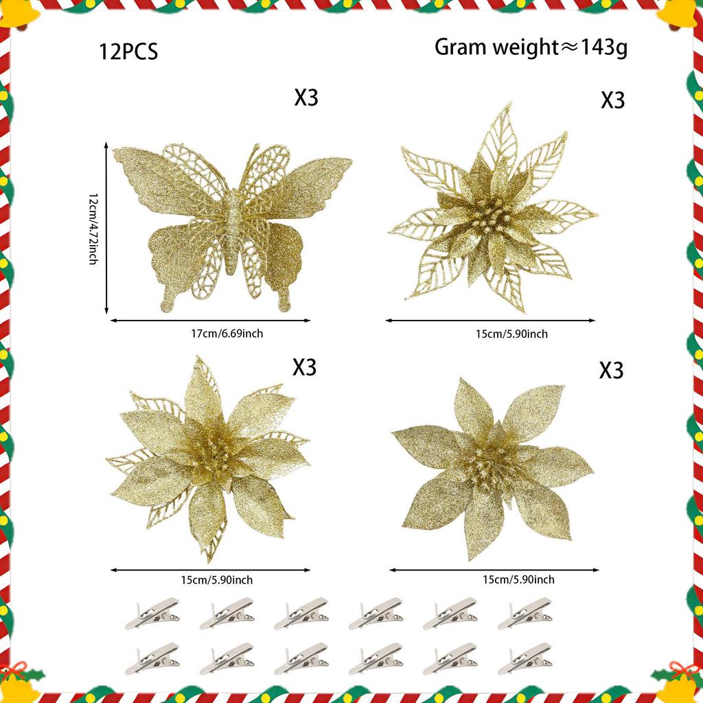 Champagne Gold Butterfly Poinsettia Glitter Flowers, 12-Piece Christmas Tree & Wreath Decoration Set