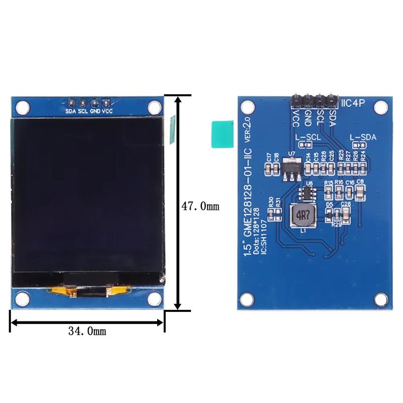 1.5" 128x128 White OLED Display with 4PIN/7PIN, SH1107 Driver, Compatible with Raspberry Pi and STM32, Supports IIC Interface