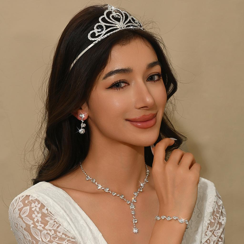 Bridal Tiara Crown Three-Piece Luxury Atmospheric Wedding Jewelry Set Premium Necklace Earrings Crown