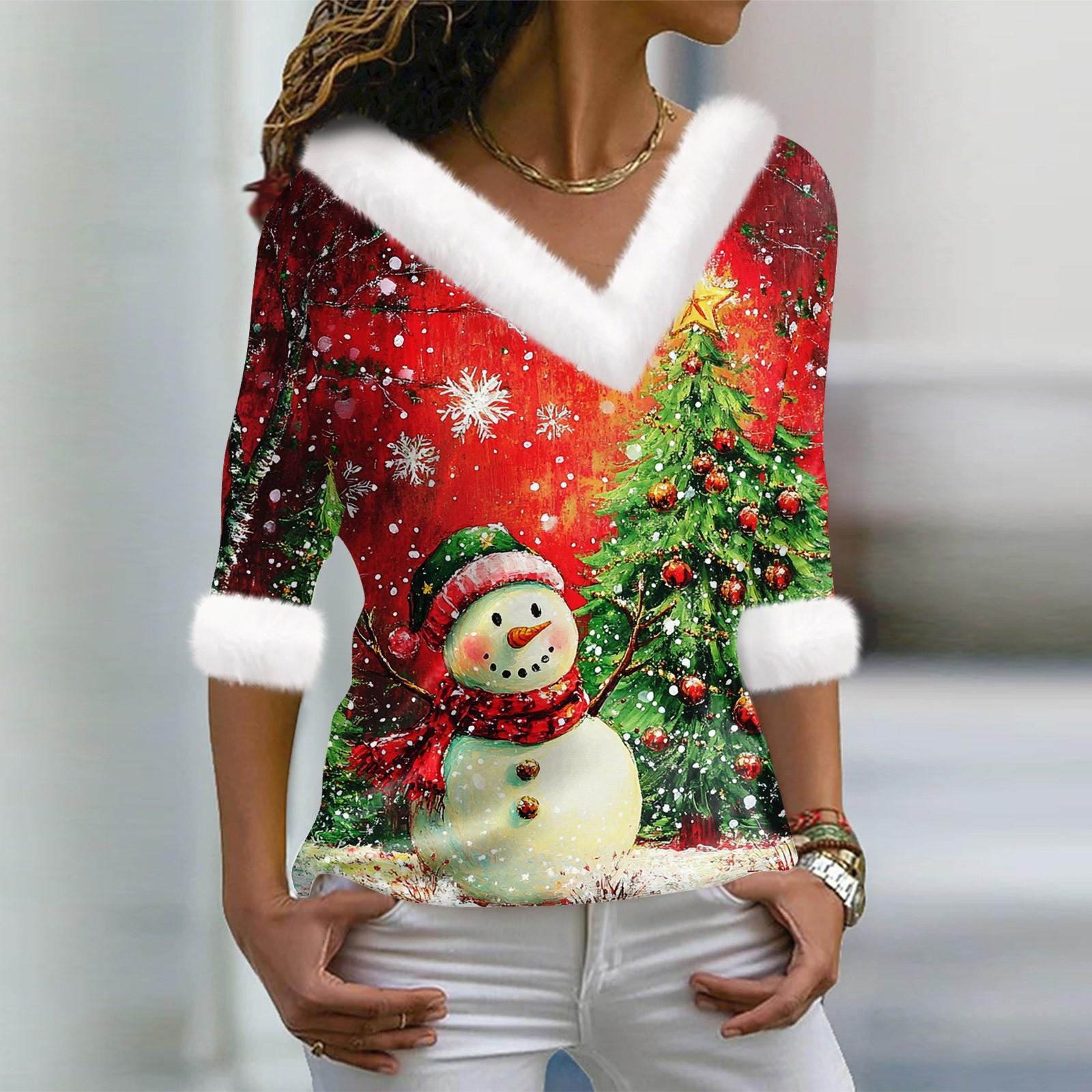 

Женский модный повседневный топ с V-образным вырезом и длинными рукавами, рождественским принтом и плюшевым воротником XXXL винный
