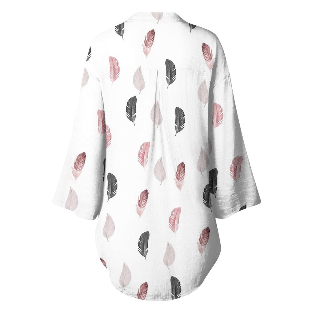 Women's New Button Collar Fashion Print 3/4 Sleeves Retro Print T-Shirt Slim Top Casual Tops