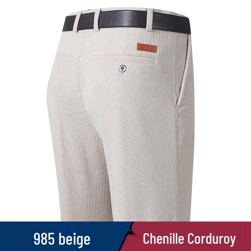 Pánské podzimní/zimní manšestrové žinylkové kalhoty - Vysoký pas, rovná nohavice, volný střih pro středního věku a starší