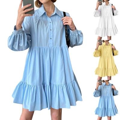 Women's Summer Puffy Sleeve Cute Layered Doll Dresses Button Hem Dresses