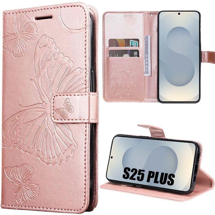 Coque de protection - BOOLING - Samsung Galaxy S25 Plus - Cuir synthétique - Motif papillon - Rose