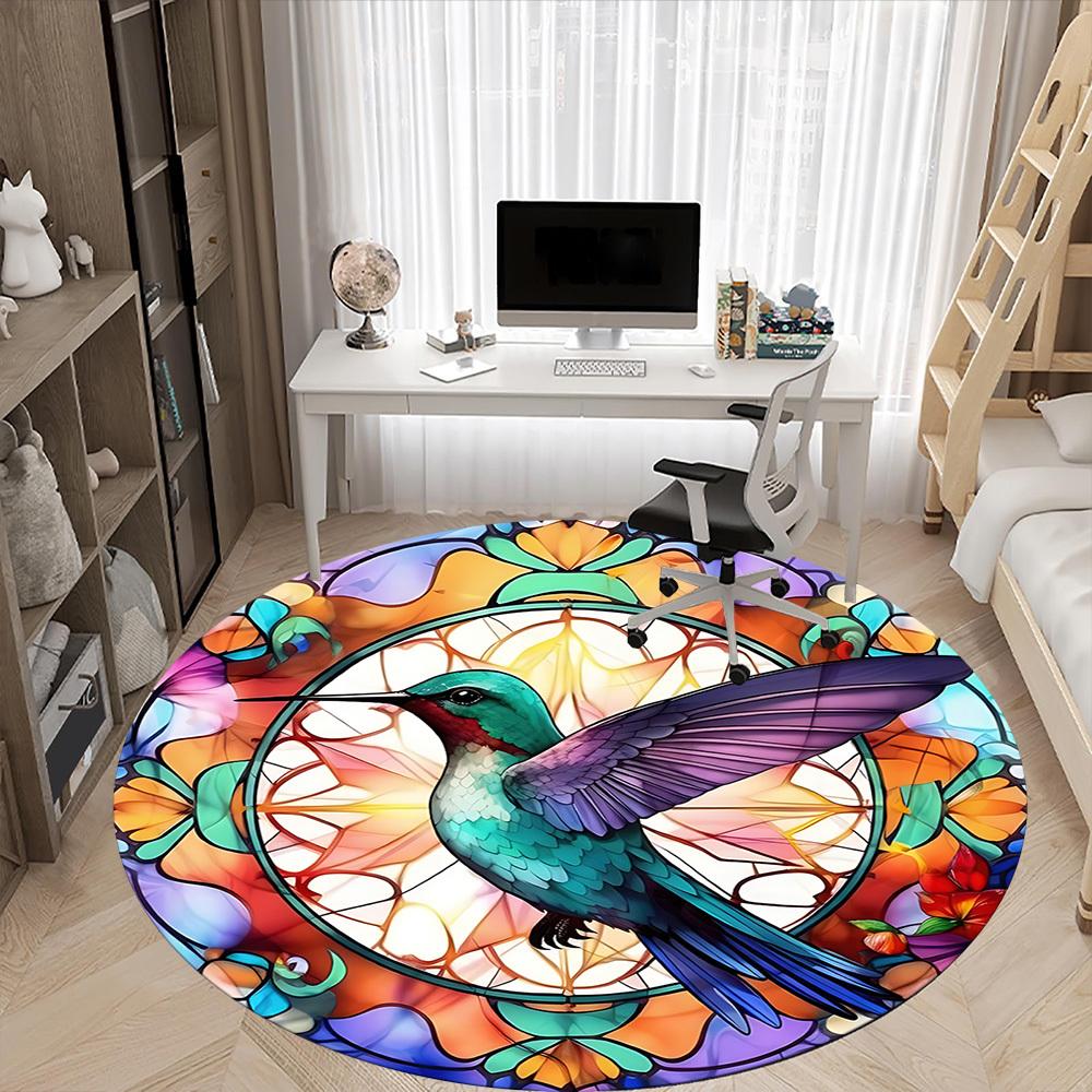 1pc Hummingbird StainedGlass Office Round Area Rug, Under Office Chairs Bedroom Living Room Home Decor, Room Deco