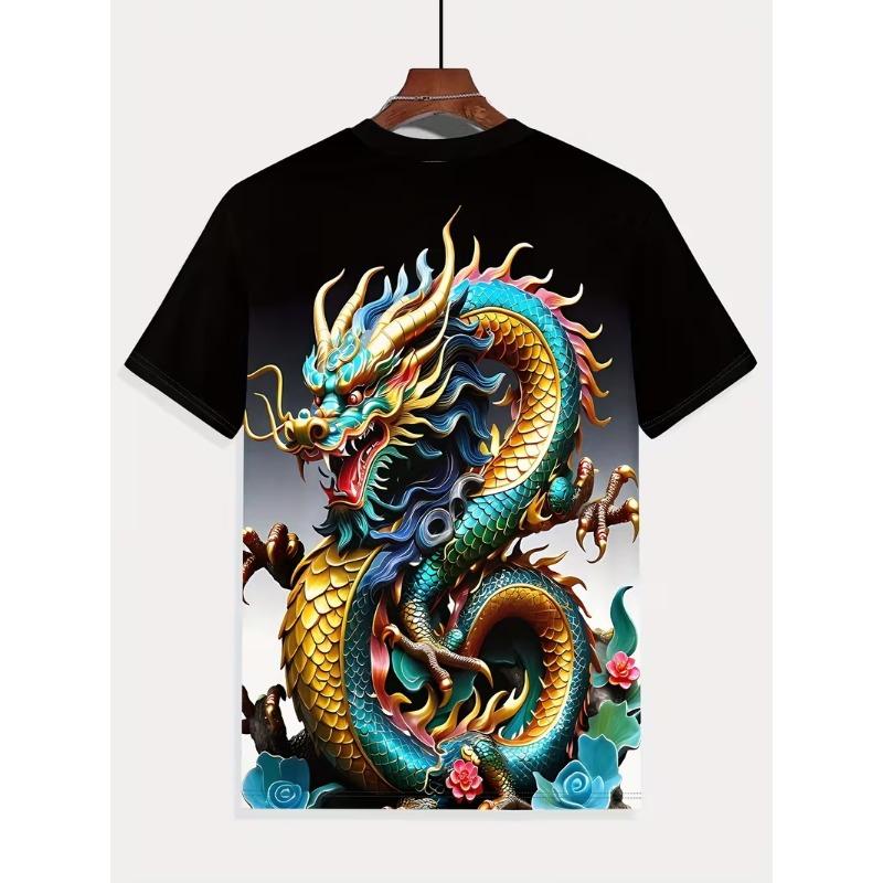 Men's 3D Digital Print Dragon Graphic T-Shirt Casual Short Sleeve Summer Round Neck Tshirts Regular Fit Oversized T Shirt Top