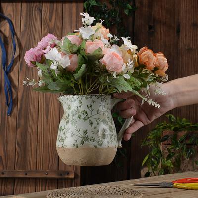 Vase Household Green Ceramic Small Flower Pot Desktop Decoration with Handle Portable Living Room Flower Arrangement Creative
