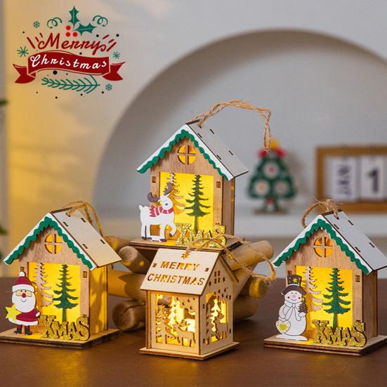 Wooden Christmas Decor with LED Light 3D Carved Hanging Wood Star/Village House/Bell/Gift Box Ornament for Xmas Tree Decor
