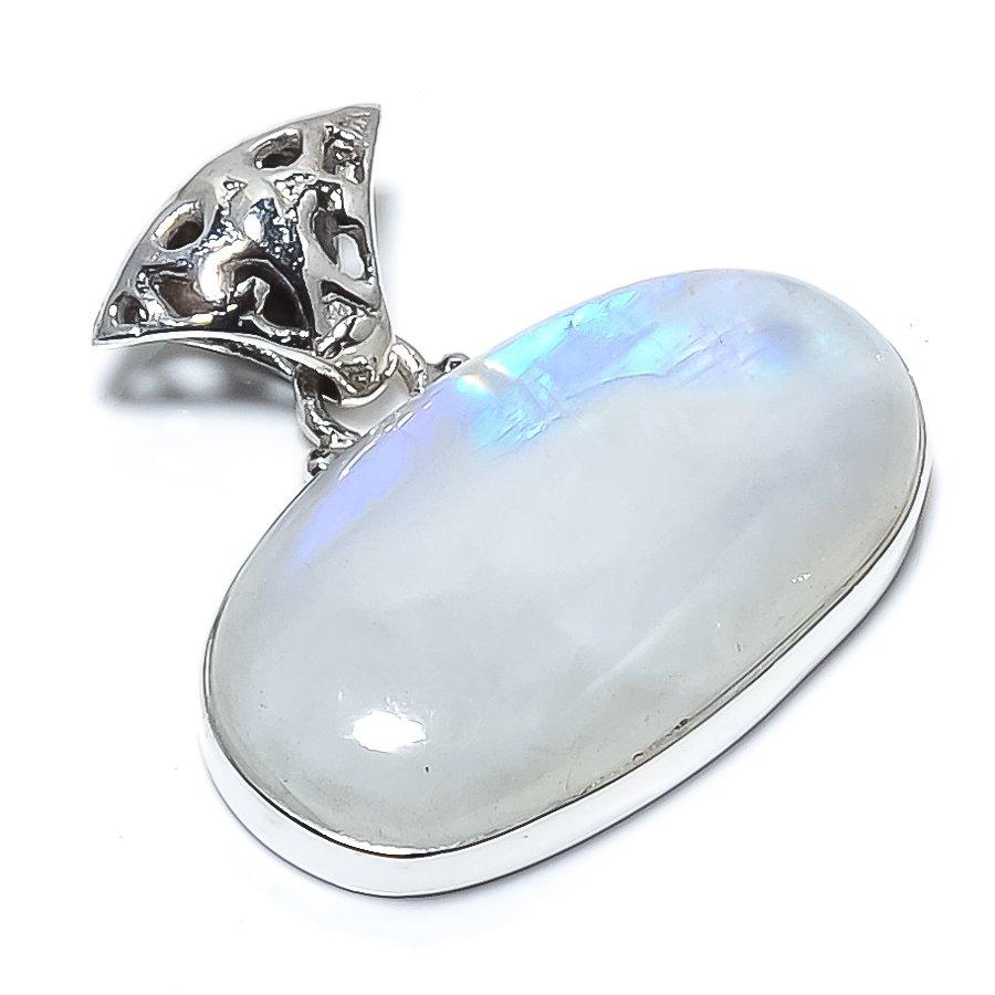 Natural Rainbow Moonstone Gemstone 925 Solid Sterling Silver Pendant 1.18" C9C51