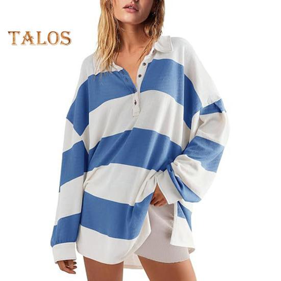 Dammode Färgblockrandig Sweatshirt Nedvikt Krage Lång Ärm Knappar Lös Pullovertopp Casual Hemmakläder Sportkläder