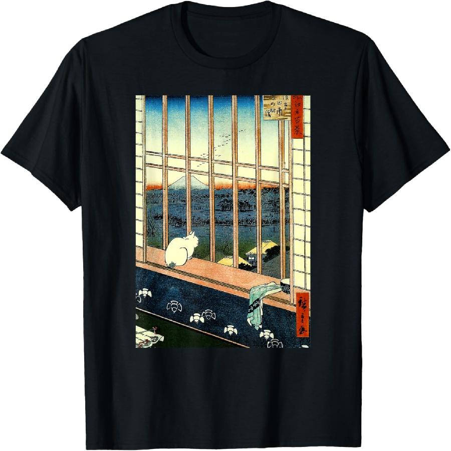 Vintage Japanese art Hiroshige Neko Cat Mount Fuji Ukiyo-e T-Shirt for Men Women S