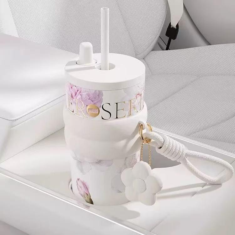 Floral Thermos Mug with Ceramic Liner - Large Capacity, Portable Cooler Cup with Straw for Car