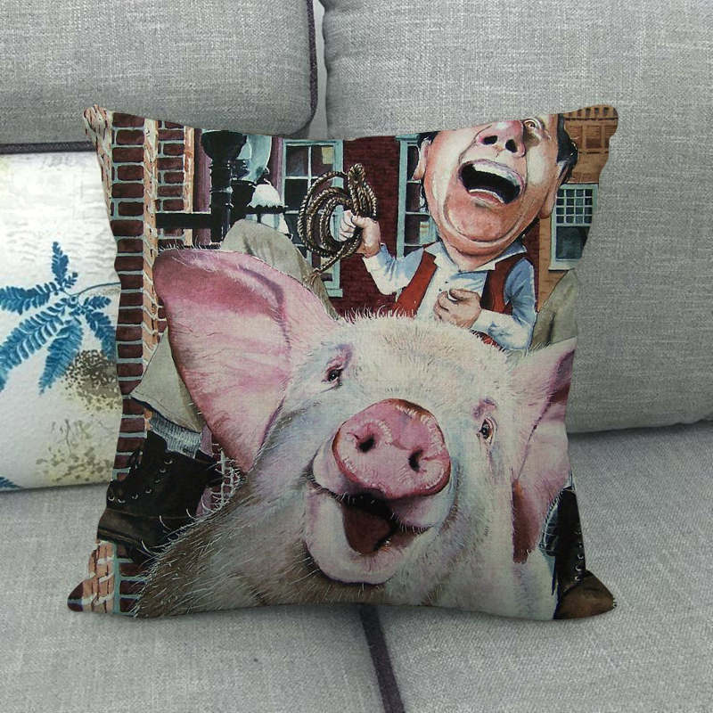 Retro Bemalte Schweine-Serie Muster Digitaldruck Kurzer Plüsch Kissenbezüge für Auto Sofa Büro Kissenbezug Heimtextilien