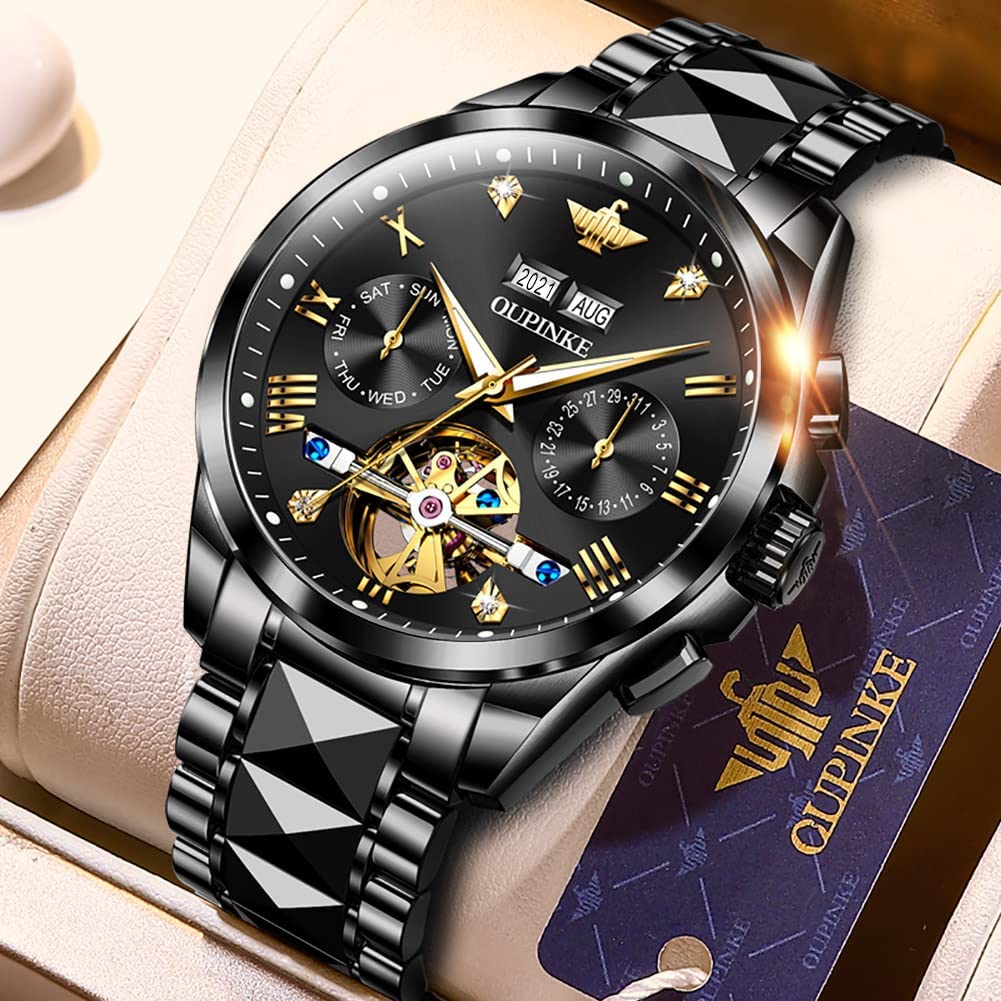 All Black Automatic Watch Luxury Gentleman Popular Skeleton Tungsten Sapphire Luminous 5 ATM Water Resistant Date Day of the Week Black Men's