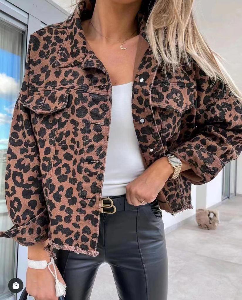 Europäische & Amerikanische Leopardendruck Distressed Denimjacke mit Fransen - 2023 Trend