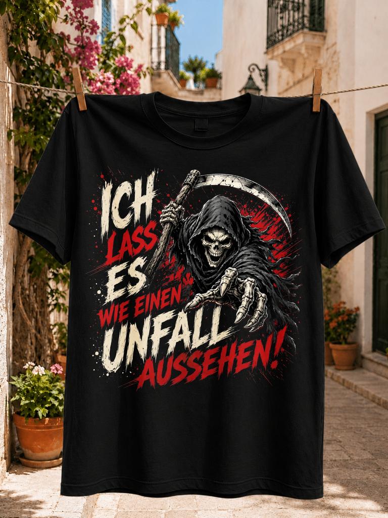 Ich Lass Es Wie Einen Unfall Aussehen dark grim reaper splatter art Tee with a hooded skeleton with Unisex All T-Shirt