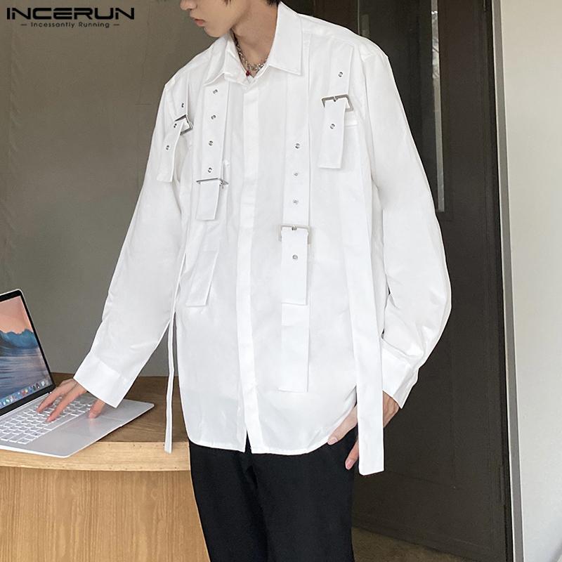 INCERUN Oversized Men Lapel Neck Long Sleeve Buttons Shirts Ribbon Patchwork Tops