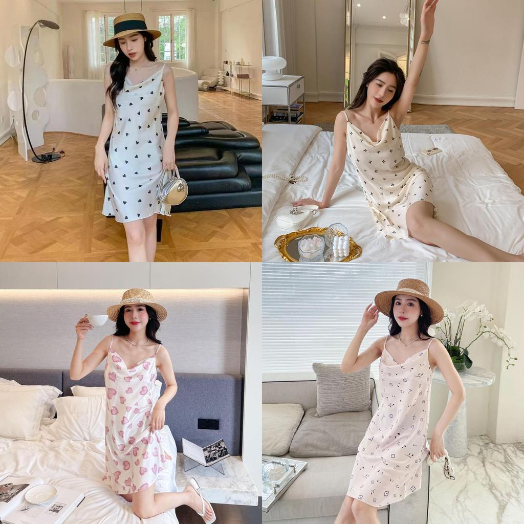 Summer Girl Ice Silk Heart Nightdress With V Neck And Sleeveless Design For Home Wear