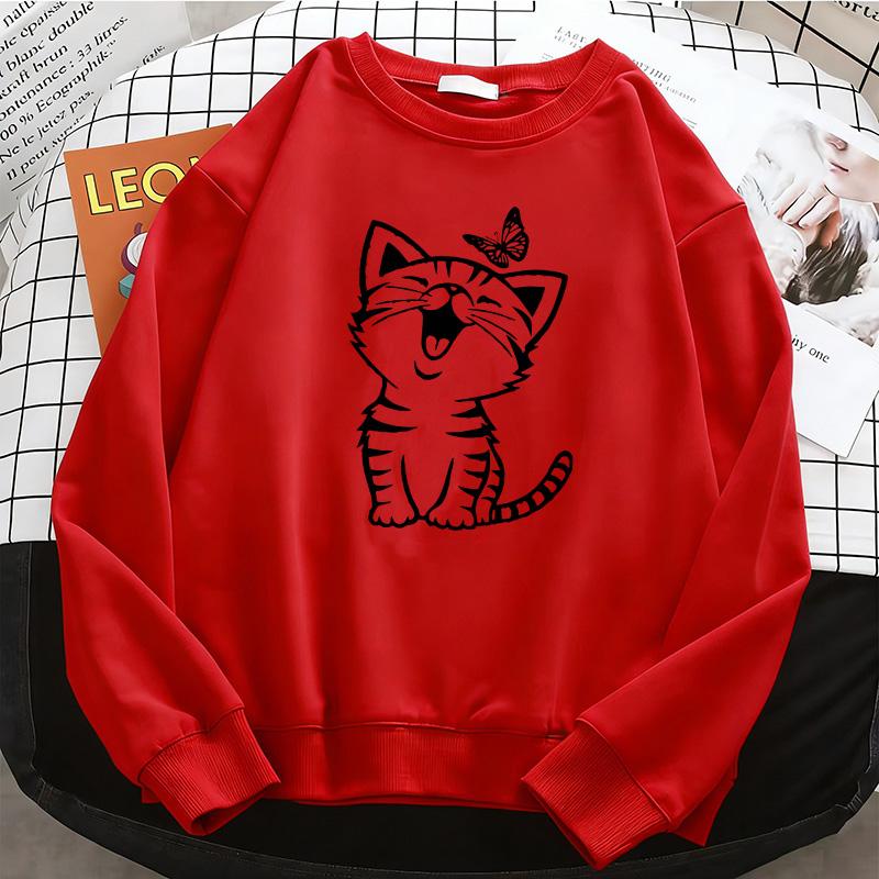 Hanorac Drăguț cu Pisică și Imprimeu cu Fluture Retro Pisică pentru Femei Hanorac Călduros din Fleece Pulover cu Gât Rotund Moale Haine Casual Femeie