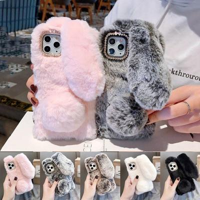 Cute Rabbit Warm Fluffy Fur Phone Case For iPhone 15 14 13 12 11 Pro Max XR XS MAX 8 7 Plus SE 2020 Samsung S23 S22 S21 S20 Note 20 Ultra A13 A53 A14