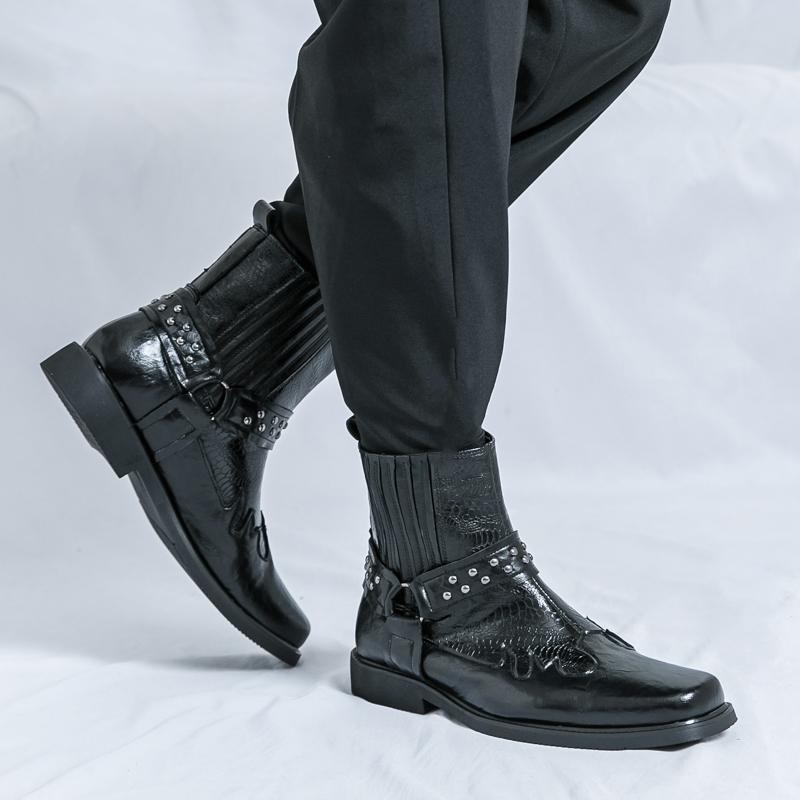 Pánské retro westernové kovbojské boty se širokou hlavou žokejské boty Motocyklové boty pouliční styl Cool vysoké boty nadměrná velikost