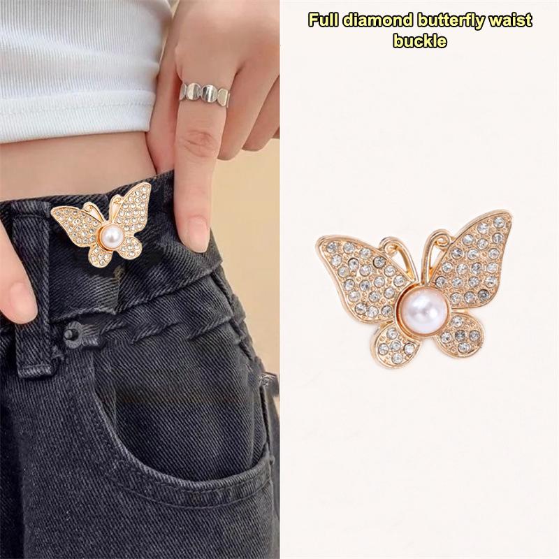 2Pcs  Shiny Diamond Butterfly Shape Adjustable Waist Buckle Jean Buttons Reusable Waist Cincher Clip For Clothing Dresses