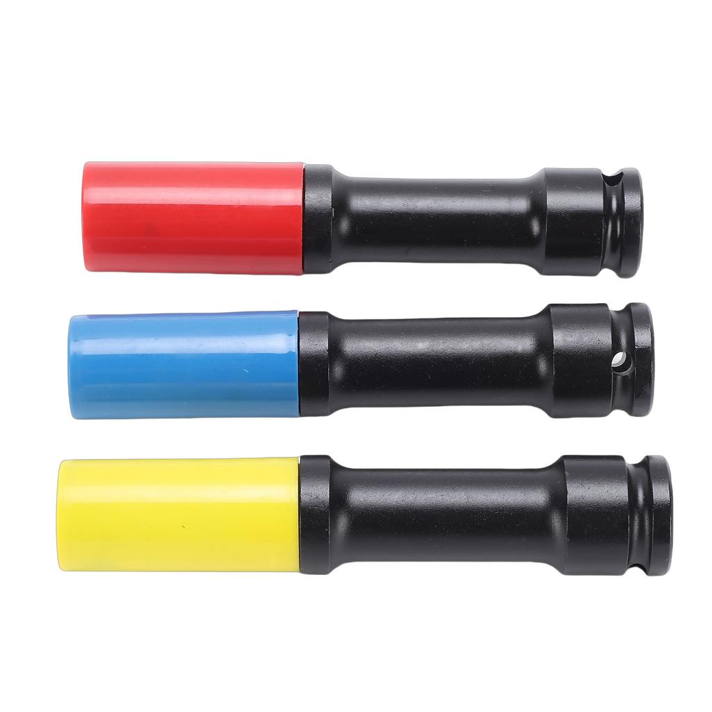 Juego de 3 Vasos Protectores de Rueda de Pared Fina 1/2 pulg Extra Largos para Impacto Profundos 17 19 21 mm Coloridos
