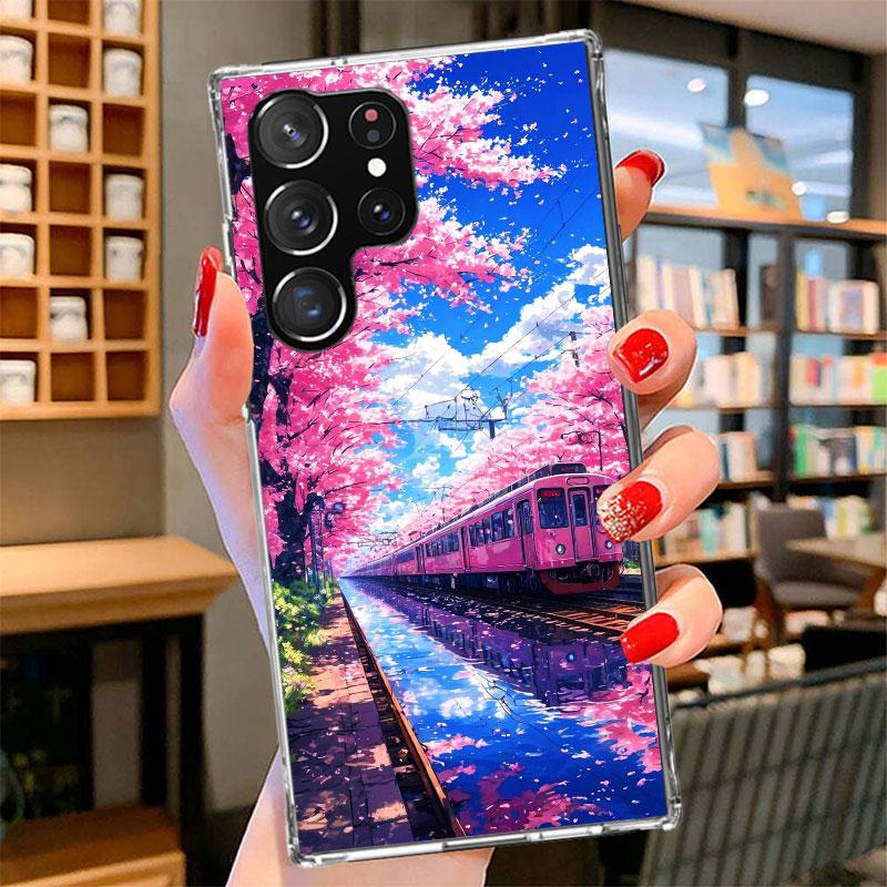 Retro Japanese Sakura Train Phone Case For Samsung Galaxy S26 S25 Edge S24 Ultra S23 S22 Plus S21 S20 FE Soft Fundas Shell Galax