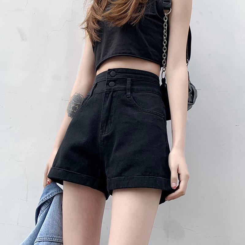 

Классическая и минималистская мода универсальные женские летние облегающие свободные шорты с подвернутым краем и высокой талией А-силуэта с широкими штанинами для улицы Индивидуальность 2XL чёрный