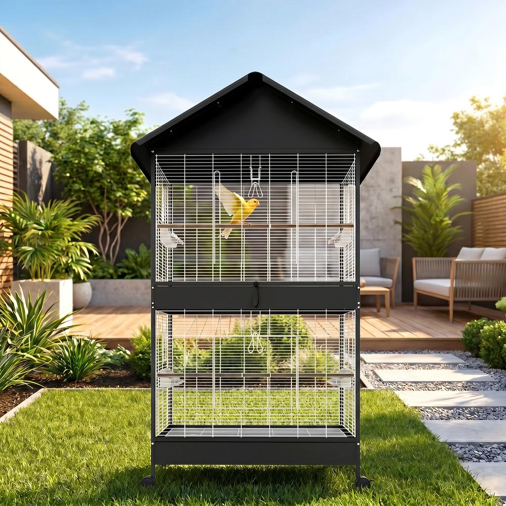 Large Bird Cage with Wheels, Removable Tray, Perches, Roof, Parrots, Canaries, Black