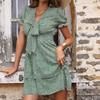 Summer Printed Cake Dress Waist Bow Green Dress