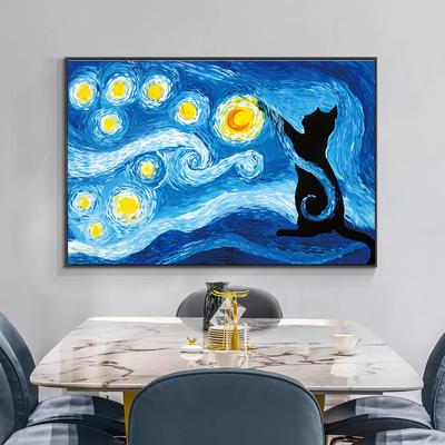 Abstract Black Cat Poster Prints Oils Starry Sky Impression Canvas Painting Wall Art Picture for Living Room Bedroom Decoraion