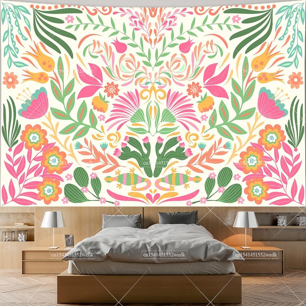 Mexiko Blumenteppich Mexikanische Pflanze Blumen Stickerei Ethnisch Otomi Vögel Wandteppiche Ästhetische Raumdeko Illustrationen Hintergrund