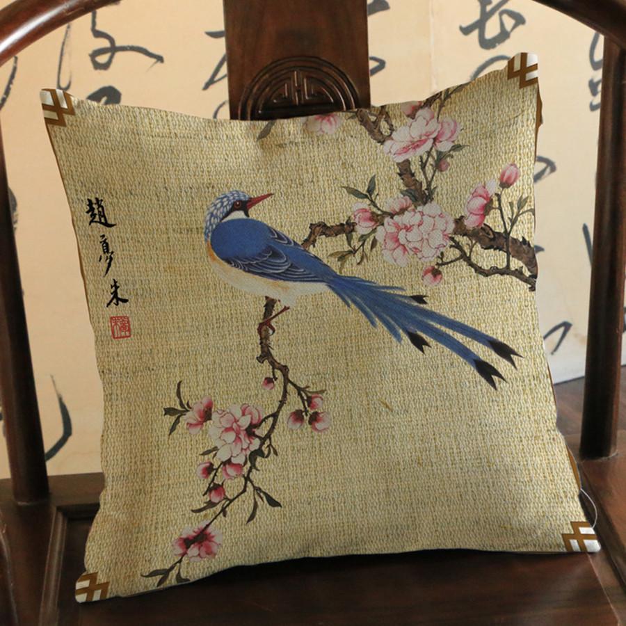 Monika Chen Unisex Chinese Watercolor Flower Bird Style Cushion Cover Ink Painting Print Cotton Linen Sofa Decoration Throw Pillow Case Cojines