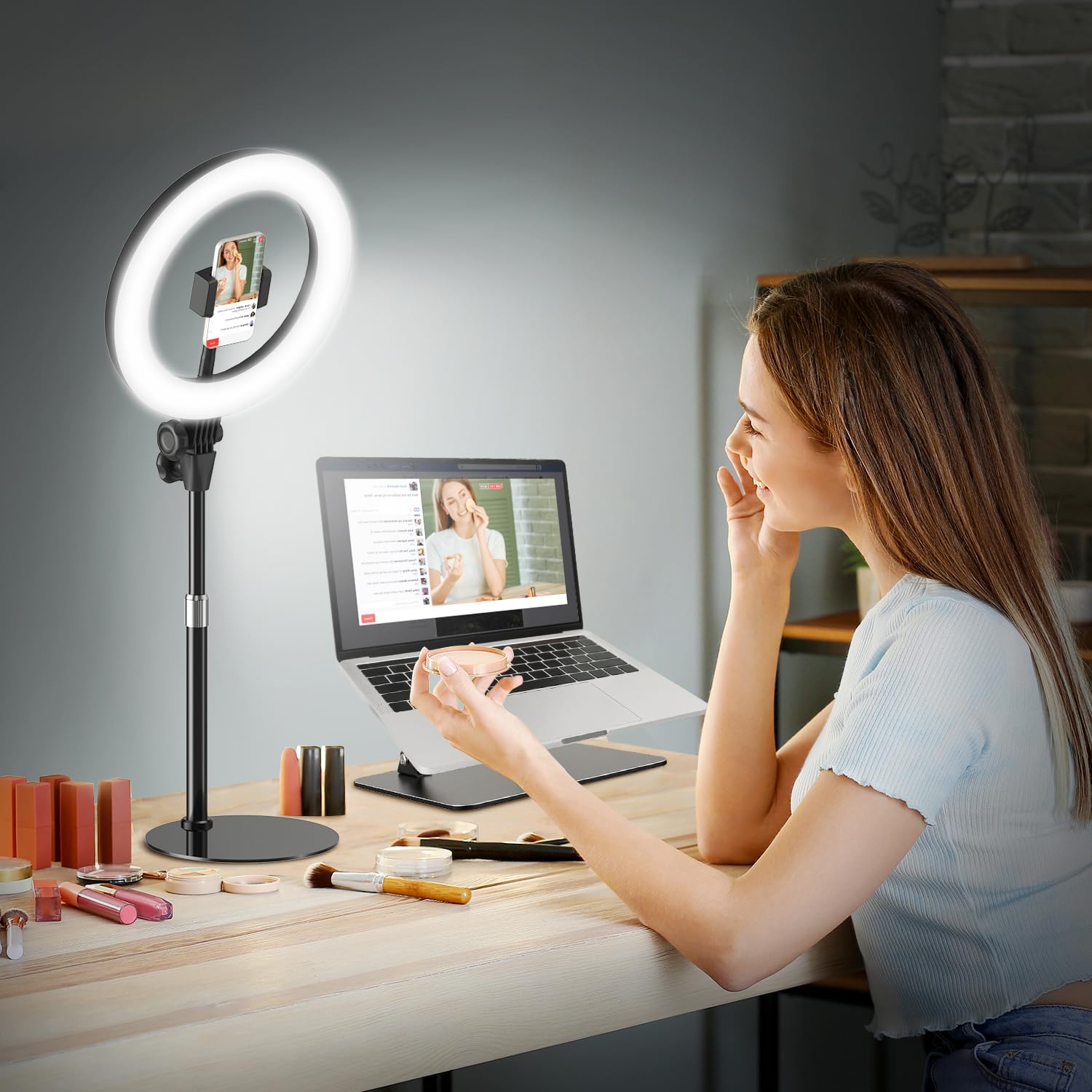

Ring Light with Tabletop Adjustable 3 Color 10 Dimming 1500 USB for and Online Classes Stand, Height, Modes, Levels, Lumens, Powered, Lighting, чорний