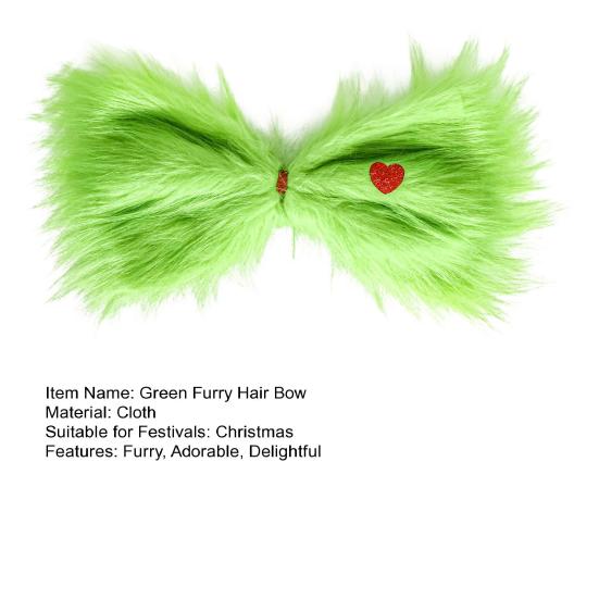 Christmas Green Furry Bow for Tree Large Green Furry Hair Bow with Red Heart Christmas Costume Accessories for Women Girls