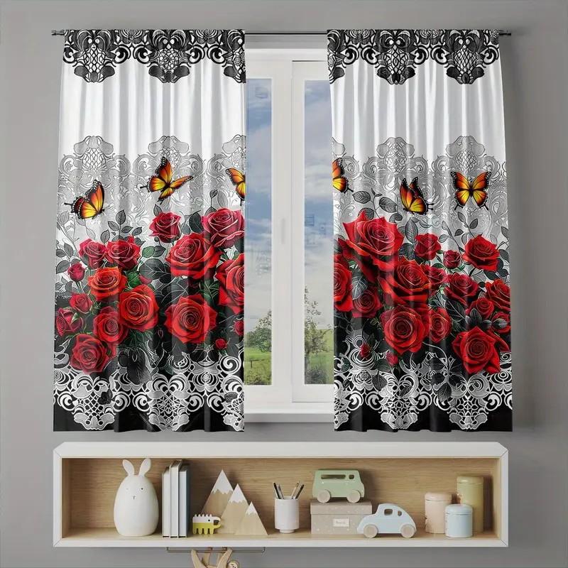 2pcs Romantic Rose Print Curtains   Rod Pocket   Blackout Polyester Drapes for Living Room   Bedroom   Valentine's Day Window Decor