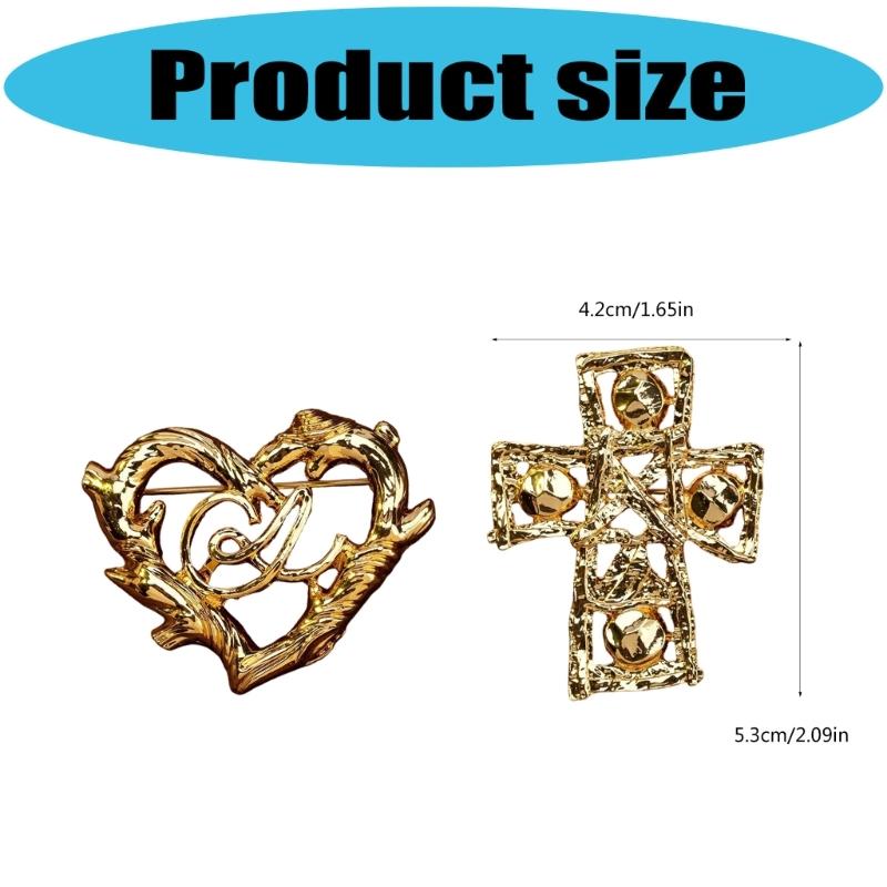 Chic Crosses Heart Design Brooch Sturdy Gold Tone Copper Alloy Accessory For Coat Dress Scarf Decoration