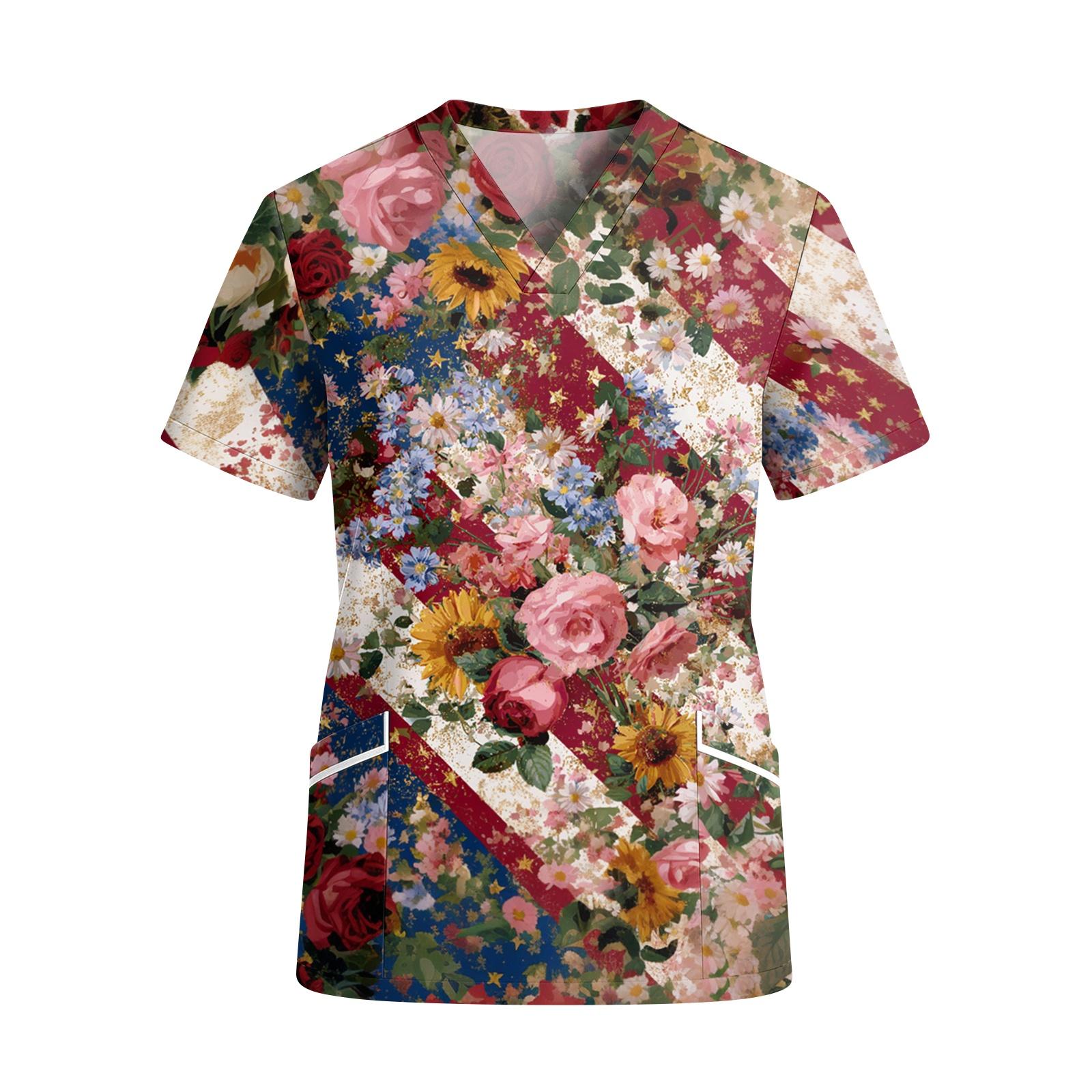 

Women s V Neck Short Sleeve Work Shirt with Pockets Independence Day Star Print Casual Top for Everyday Wear XXL червоний