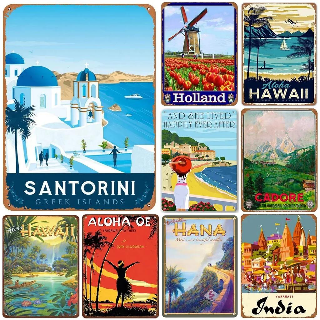 Vintage Hawaii New York Santorini Landscape Travel Tour Poster Retro Metal Aluminum Signs Funny Plaque Home Bar Cafe Wall Decor