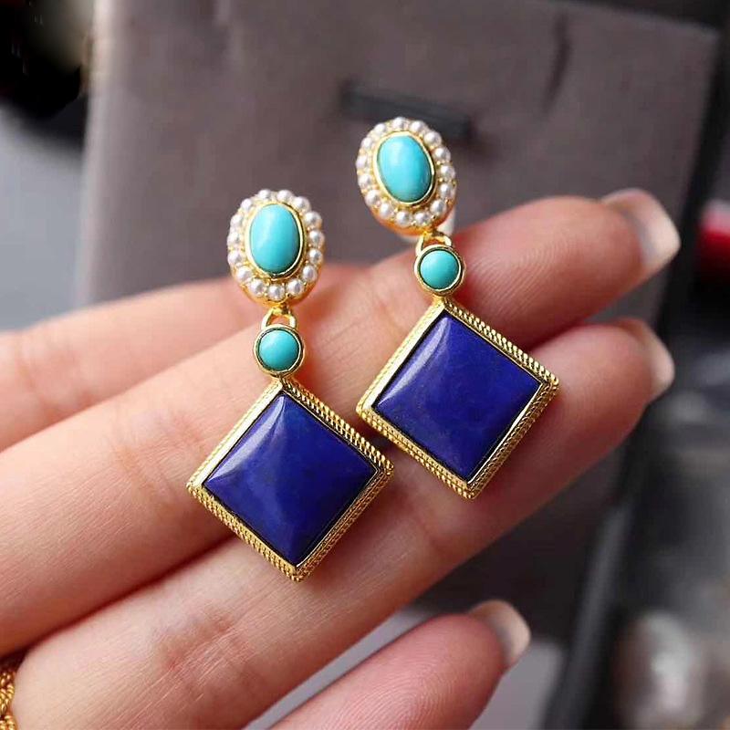 

Новые квадратные серьги из лазурита для женщин, геометрический дизайн, винтажные серьги-капли с бирюзой, модные, с роскошным чувством, свадебные украшения