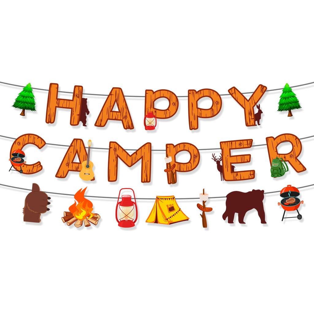 Outdoor Camping Tent Decoration Pull Flag Happy Camper Banner Latte Wild Bear Torch Hanging Strip Custom