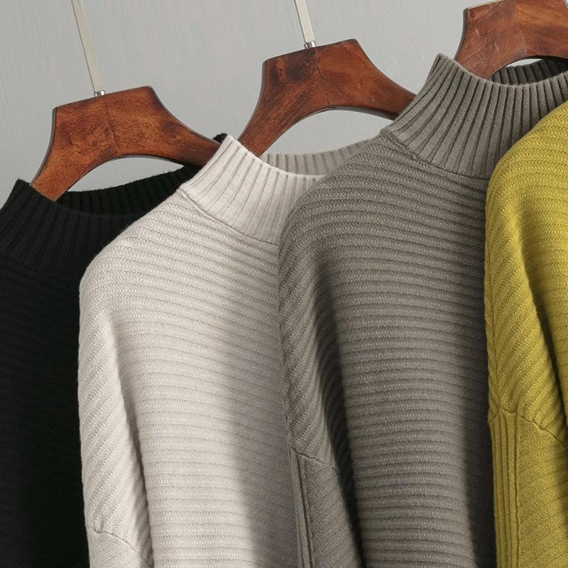 New Autumn and Winter Retro Loose Solid Color Pullover Sweater for Women Half Turtleneck Sweater Bottoming Shirt