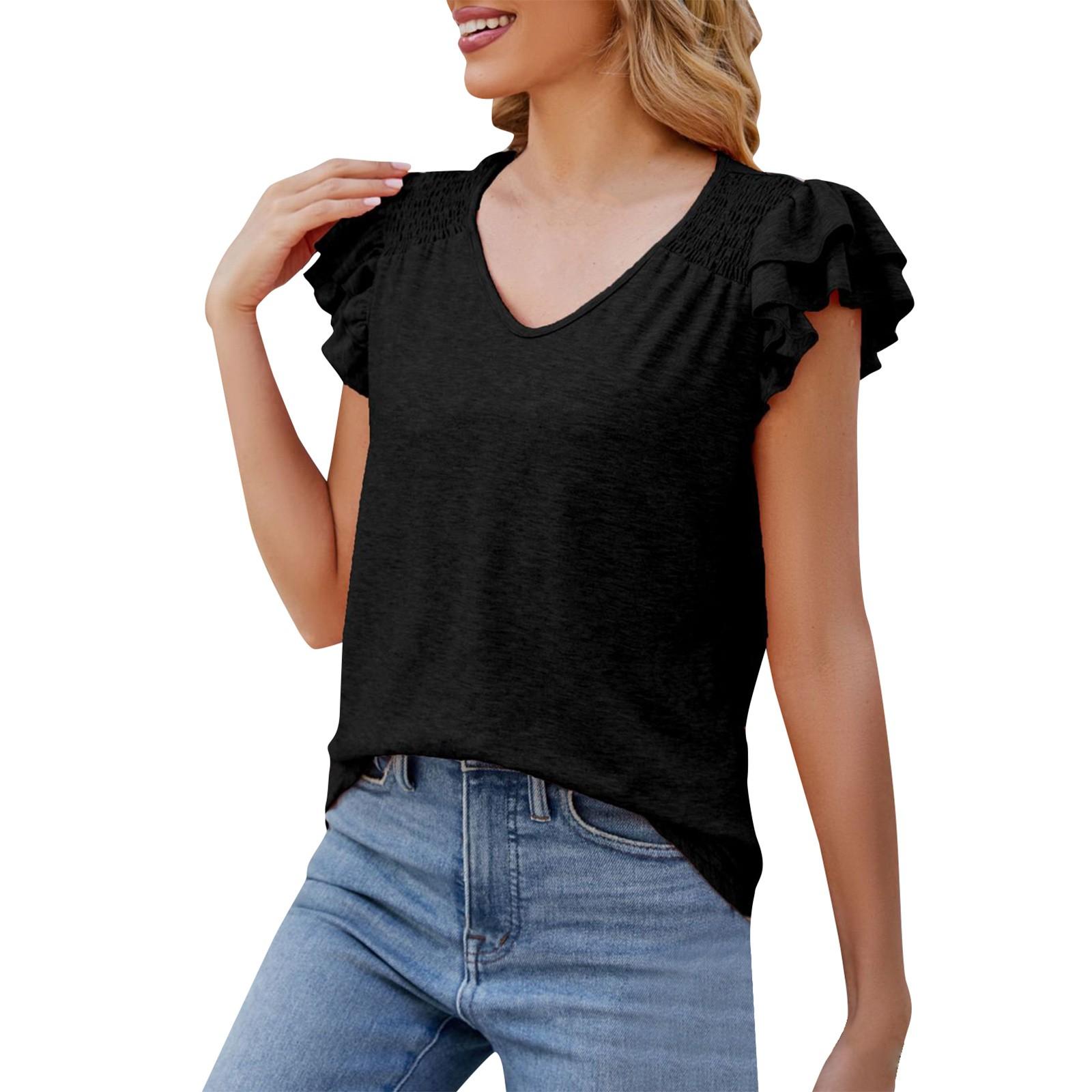 

Популярные женские летние топы, однотонная плиссированная повседневная свободная футболка с v-образным вырезом и короткими рукавами XXL чёрный