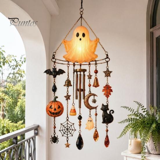 Luminous Wind Chime Halloween Ghost Chime, Glow-in-The-Dark Hanging Ornament with Pumpkin Bat Spooky Patio Decorations Spider Charms, Rustproof Metal